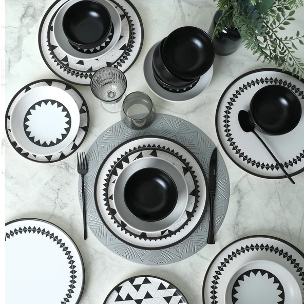 Keramika Keraart Black Pattern Nordic Yemek Takımı 24 Parça 6 Kişilik 21478-79-80