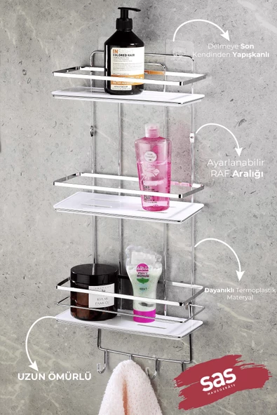 Yapışkanlı Ömür Boyu Paslanmaz Kristal Ayarlanabilir Raf Banyo Düzenleyici KROM-BEYAZ LŞ-03 KBKK - Resim 2