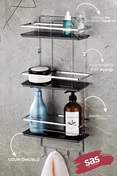 Yapışkanlı Paslanmaz Kristal Ayarlanabilir Raf Banyo Düzenleyici Şampuanlık KROM-SİYAH LŞ-03 KSKK - Resim 2