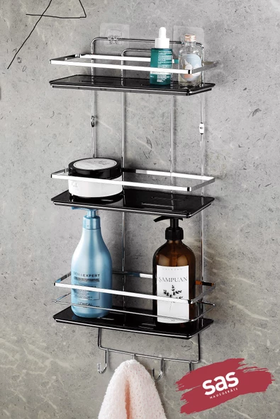 Yapışkanlı Paslanmaz Kristal Ayarlanabilir Raf Banyo Düzenleyici Şampuanlık KROM-SİYAH LŞ-03 KSKK ürün görseli