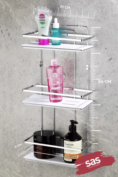 Yapışkanlı Ömür Boyu Paslanmaz Kristal Ayarlanan Raf Banyo Düzenleyici Şampuanlık KROM-BEYAZ LŞ-03KB - Resim 3