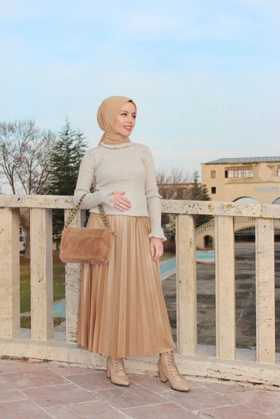 Deri görünümlü Lastikli bel pliseli etek - 2