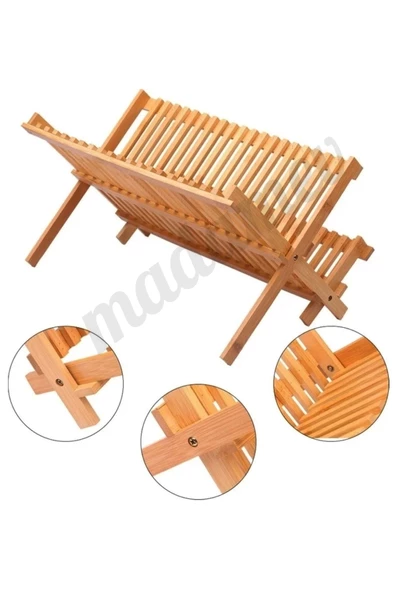 2 Katlı Bambu Katlanabilir Tabaklık Bulaşıklık Büyük Boy Mutfak Dekoratif Bulaşık Kurutma Rafı - 4