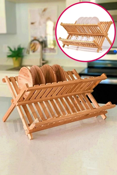 2 Katlı Bambu Katlanabilir Tabaklık Bulaşıklık Büyük Boy Mutfak Dekoratif Bulaşık Kurutma Rafı - 5