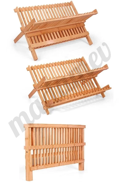 2 Katlı Bambu Katlanabilir Tabaklık Bulaşıklık Büyük Boy Mutfak Dekoratif Bulaşık Kurutma Rafı - 2