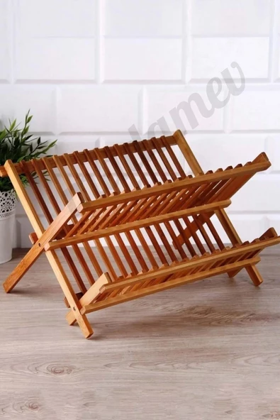 2 Katlı Bambu Katlanabilir Tabaklık Bulaşıklık Büyük Boy Mutfak Dekoratif Bulaşık Kurutma Rafı - 3