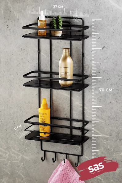 Yapışkanlı Paslanmaz Kristal Ayarlanabilir Raf Banyo Düzenleyici Şampuanlık Siyah - Siyah LŞ-03 SSSK - Resim 3