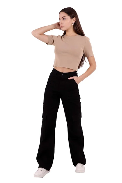 Kargo Cepli Detaylı ve Yüksek Belli Tam Boy Hip-Hop Relaxed Kadın Kargo Kot Pantolon Siyah Denim - 3