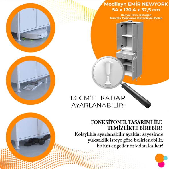 Modilayn EMİR NEWYORK 54 x 170,4 x 32,5 cm Kapaklı Ve Çekmeceli Çok Amaçlı Banyo & Mutfak Dolabı - 3