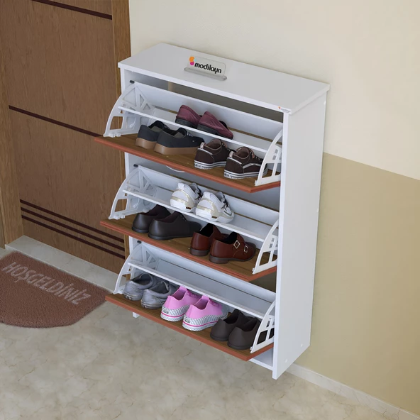 Modilayn MİHRA 72 X 112 X 25,5 cm Düşer Kapaklı 3 Katlı Ayakkabılık -Ceviz - 3