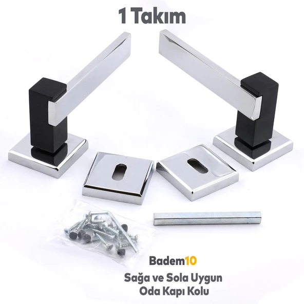Begonya Lüx Mat Siyah Krom Kare Rozetli Oda Uyumlu Kapı Kolu Sağa ve Sola Uygun Kapı Kolları 1 Takım - 2