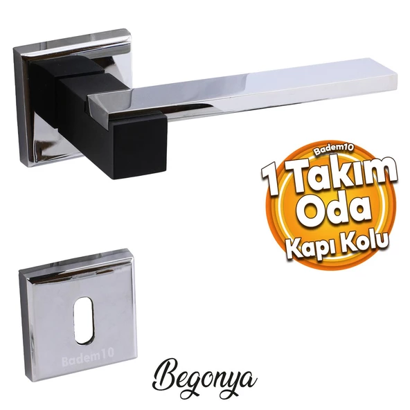 Begonya Lüx Mat Siyah Krom Kare Rozetli Oda Uyumlu Kapı Kolu Sağa ve Sola Uygun Kapı Kolları 1 Takım