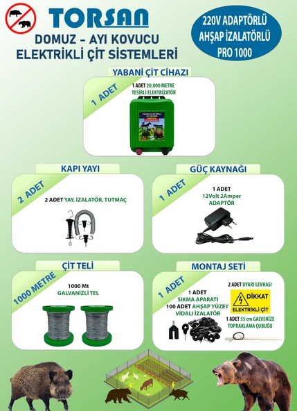 TORSAN 220V ADAPTÖRLÜ PRO 1000 Elektrikli Çit Sistemi ( Domuz - Ayı Kovucu ) 1000MT