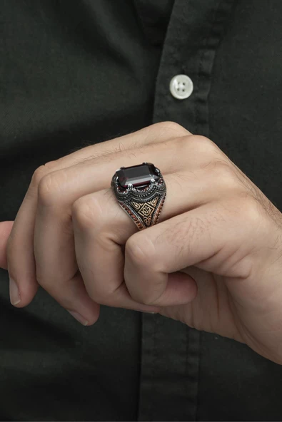 Kare Kırmızı Taşlı 925 Gümüş Erkek Yüzük - Resim 11