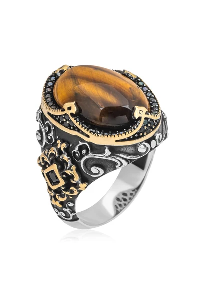 Kaplan Gözü Taşlı 925 Gümüş Erkek Yüzük - Resim 2