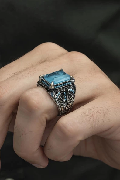 Kare Mavi Paraiba Taşlı 925 Gümüş Erkek Yüzük - Resim 5