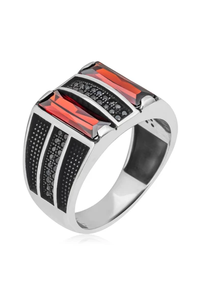 2 Sıra Dik Kırmızı Taşlı 925 Gümüş Erkek Yüzük - Resim 2