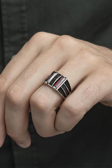 2 Sıra Dik Kırmızı Taşlı 925 Gümüş Erkek Yüzük - Resim 6