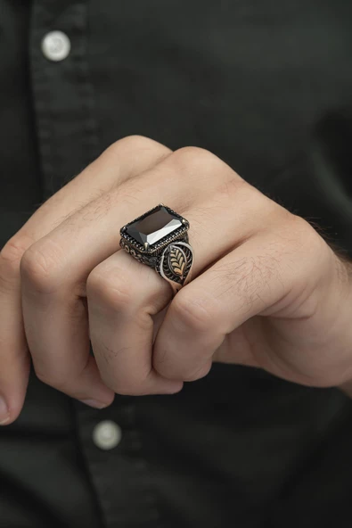 Siyah Taşlı Yaprak Motifli 925 Gümüş Erkek Yüzük - Resim 8