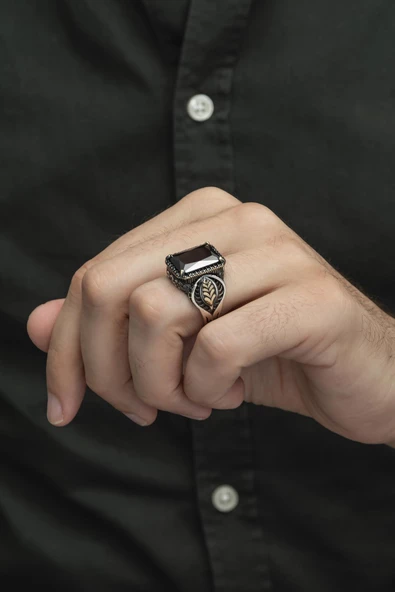 Siyah Taşlı Yaprak Motifli 925 Gümüş Erkek Yüzük - Resim 6