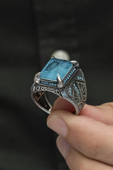Kare Mavi Paraiba Taşlı 925 Gümüş Erkek Yüzük - Resim 6