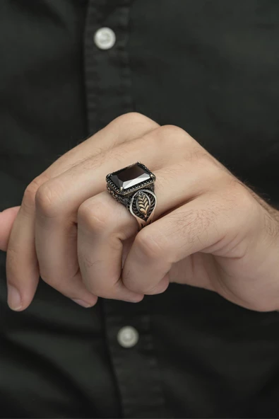 Siyah Taşlı Yaprak Motifli 925 Gümüş Erkek Yüzük - Resim 3