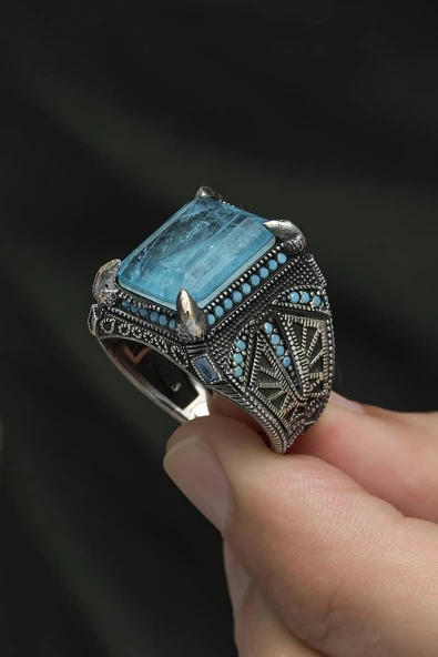 Kare Mavi Paraiba Taşlı 925 Gümüş Erkek Yüzük - Resim 7