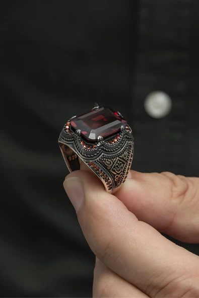 Kare Kırmızı Taşlı 925 Gümüş Erkek Yüzük - Resim 9