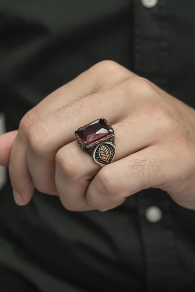 Kırmızı Taşlı Yaprak Motifli 925 Gümüş Erkek Yüzük - Resim 4