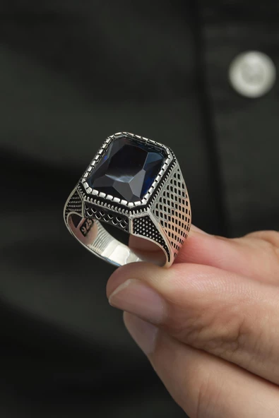 Parlament Mavisi Taşlı 925 Gümüş Erkek Yüzük - Resim 7