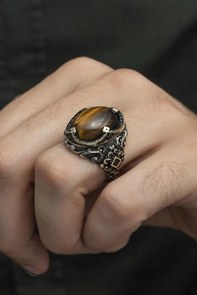 Kaplan Gözü Taşlı 925 Gümüş Erkek Yüzük ürün görseli