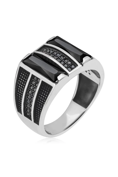2 Sıra Dik Siyah Taşlı 925 Gümüş Erkek Yüzük - Resim 2