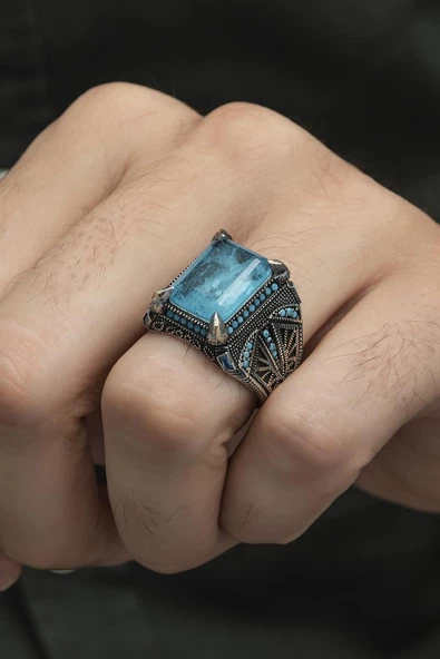 Kare Mavi Paraiba Taşlı 925 Gümüş Erkek Yüzük ürün görseli