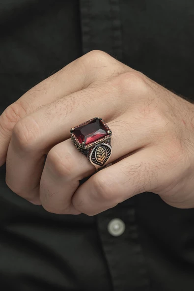 Kırmızı Taşlı Yaprak Motifli 925 Gümüş Erkek Yüzük - Resim 6