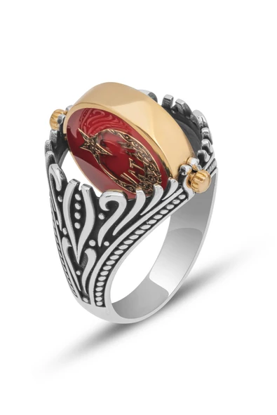 Çift Taraflı Ayyıldız Kırmızı Mineli 925 Gümüş Erkek Yüzük - Resim 2