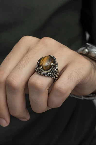 Kaplan Gözü Taşlı 925 Gümüş Erkek Yüzük - Resim 4