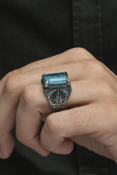 Kare Mavi Paraiba Taşlı 925 Gümüş Erkek Yüzük - Resim 4