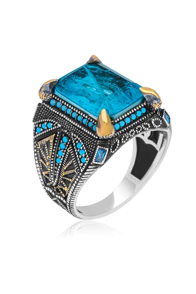 Kare Mavi Paraiba Taşlı 925 Gümüş Erkek Yüzük - Resim 2