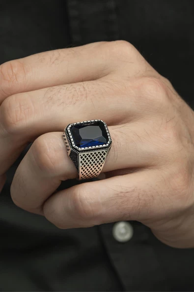 Parlament Mavisi Taşlı 925 Gümüş Erkek Yüzük - Resim 5