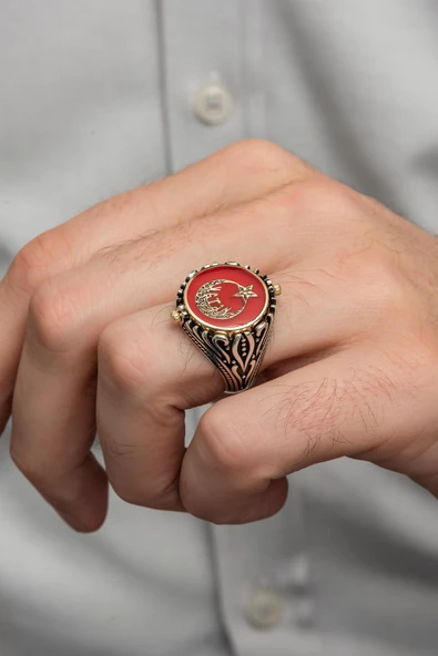 Çift Taraflı Ayyıldız Kırmızı Mineli 925 Gümüş Erkek Yüzük - Resim 8