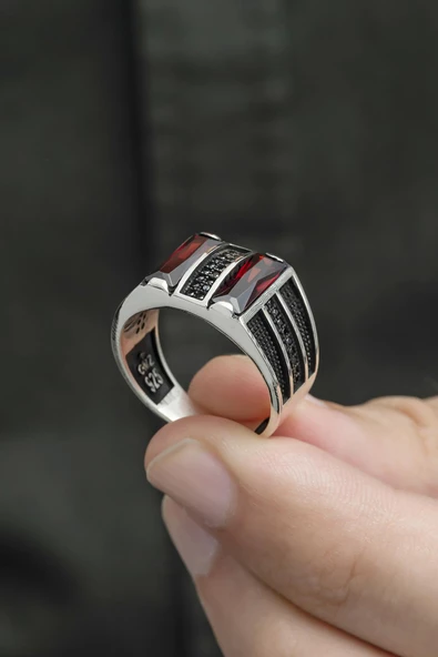 2 Sıra Dik Kırmızı Taşlı 925 Gümüş Erkek Yüzük - Resim 3