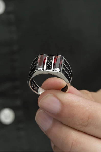 2 Sıra Dik Kırmızı Taşlı 925 Gümüş Erkek Yüzük - Resim 4