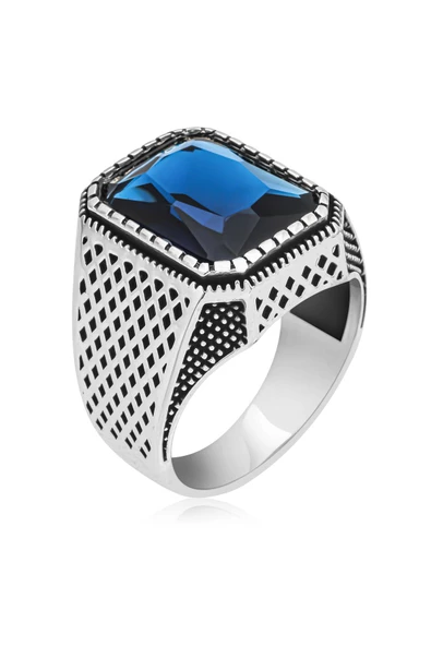 Parlament Mavisi Taşlı 925 Gümüş Erkek Yüzük - Resim 2