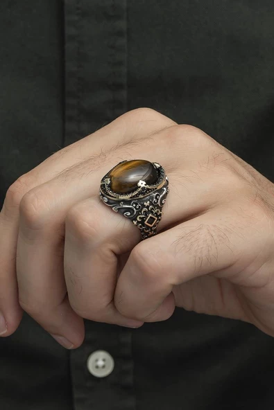 Kaplan Gözü Taşlı 925 Gümüş Erkek Yüzük - Resim 9