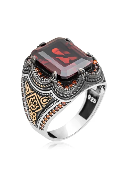 Kare Kırmızı Taşlı 925 Gümüş Erkek Yüzük - Resim 2