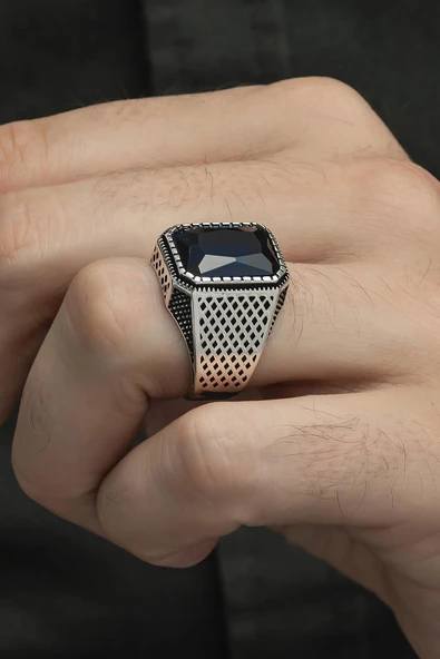 Parlament Mavisi Taşlı 925 Gümüş Erkek Yüzük - Resim 3