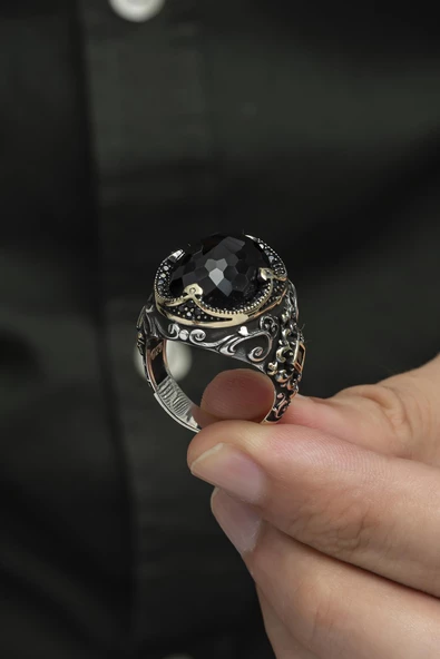 Siyah Kubbeli Taşlı 925 Gümüş Erkek Yüzük - 8