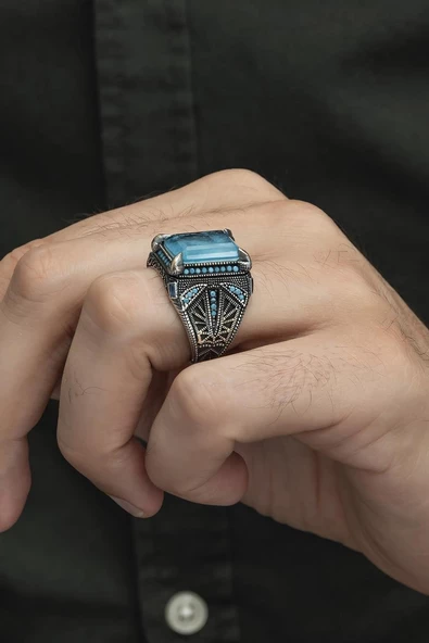 Kare Mavi Paraiba Taşlı 925 Gümüş Erkek Yüzük - Resim 3