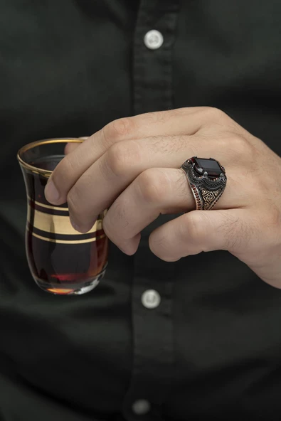 Kare Kırmızı Taşlı 925 Gümüş Erkek Yüzük - Resim 5