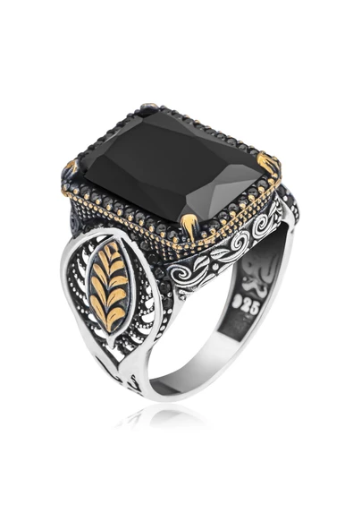 Siyah Taşlı Yaprak Motifli 925 Gümüş Erkek Yüzük - Resim 2